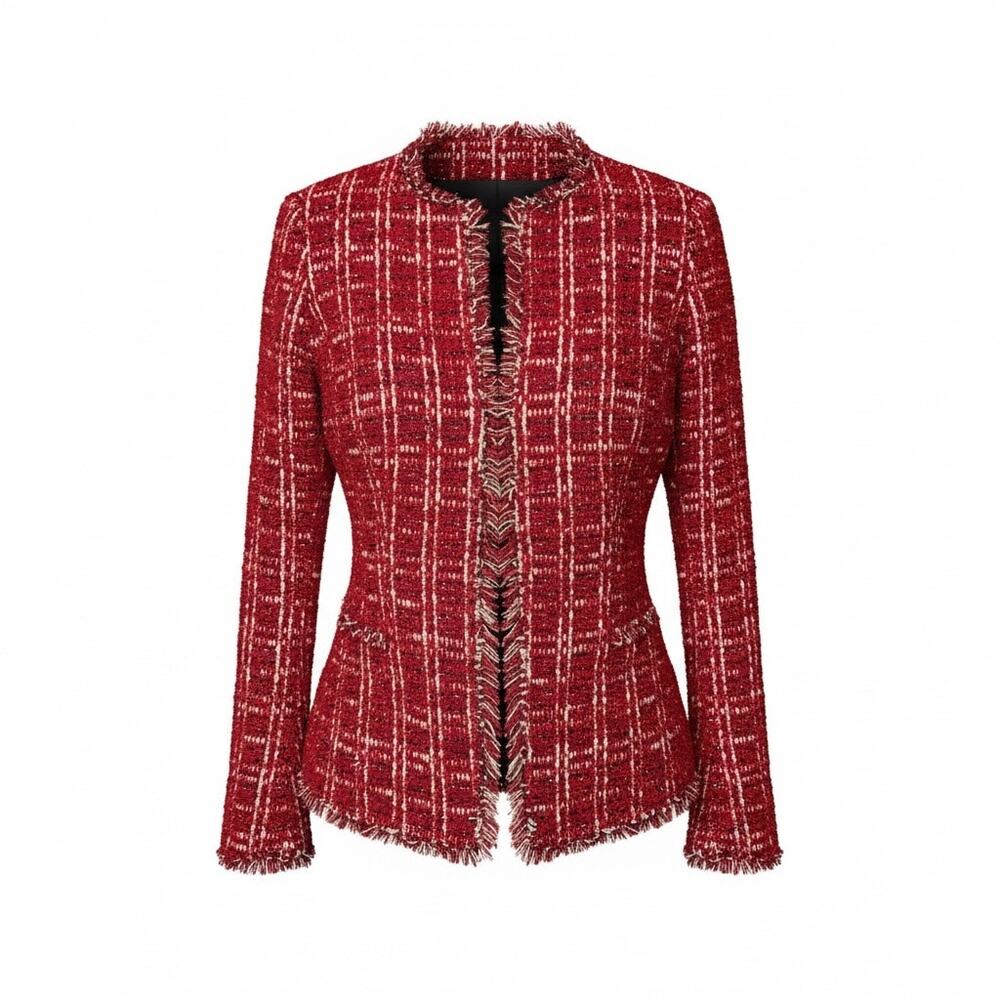 Joan Rivers Jacket Women XXS Runs Lg Red Plaid Boucle Weave Fringe Blazer Open